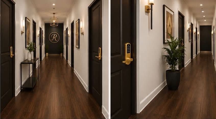 Warm salon suite hallway with dark doors, gold hardware, walnut floors, and white walls