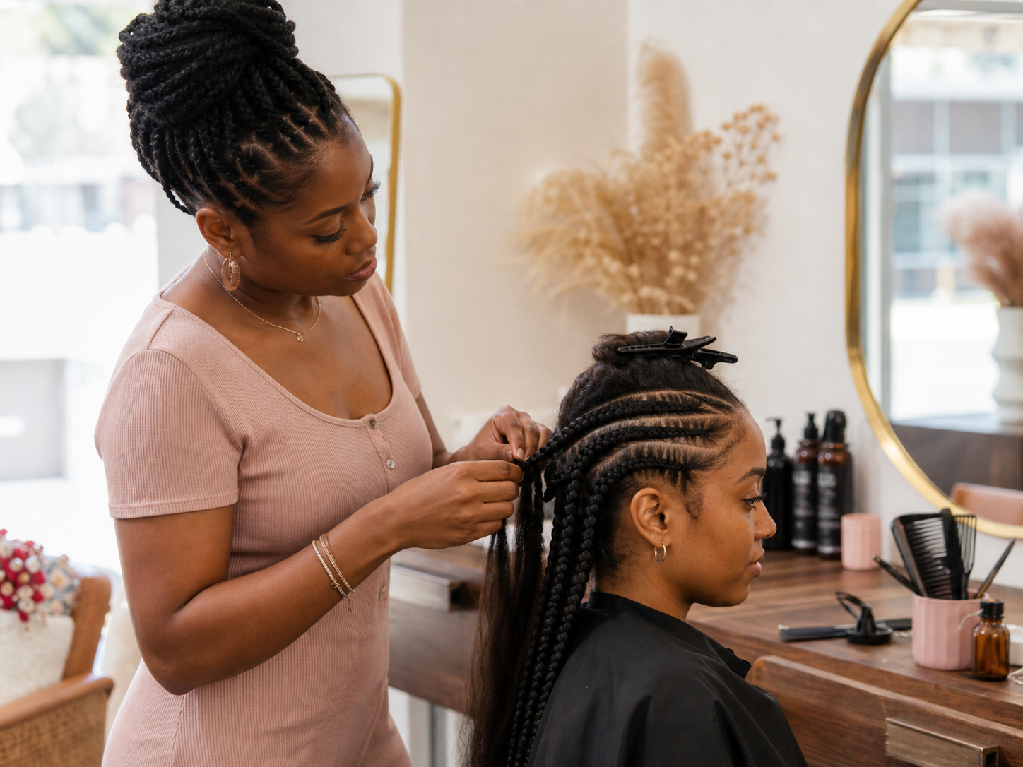 Braider creating knotless braids for a client in a bright private salon suite
